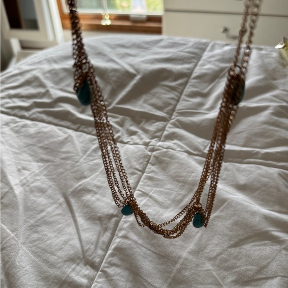 Gold Tone Multi Chain Necklace with Turquoise Teardrop Stones - Picture 3 of 7